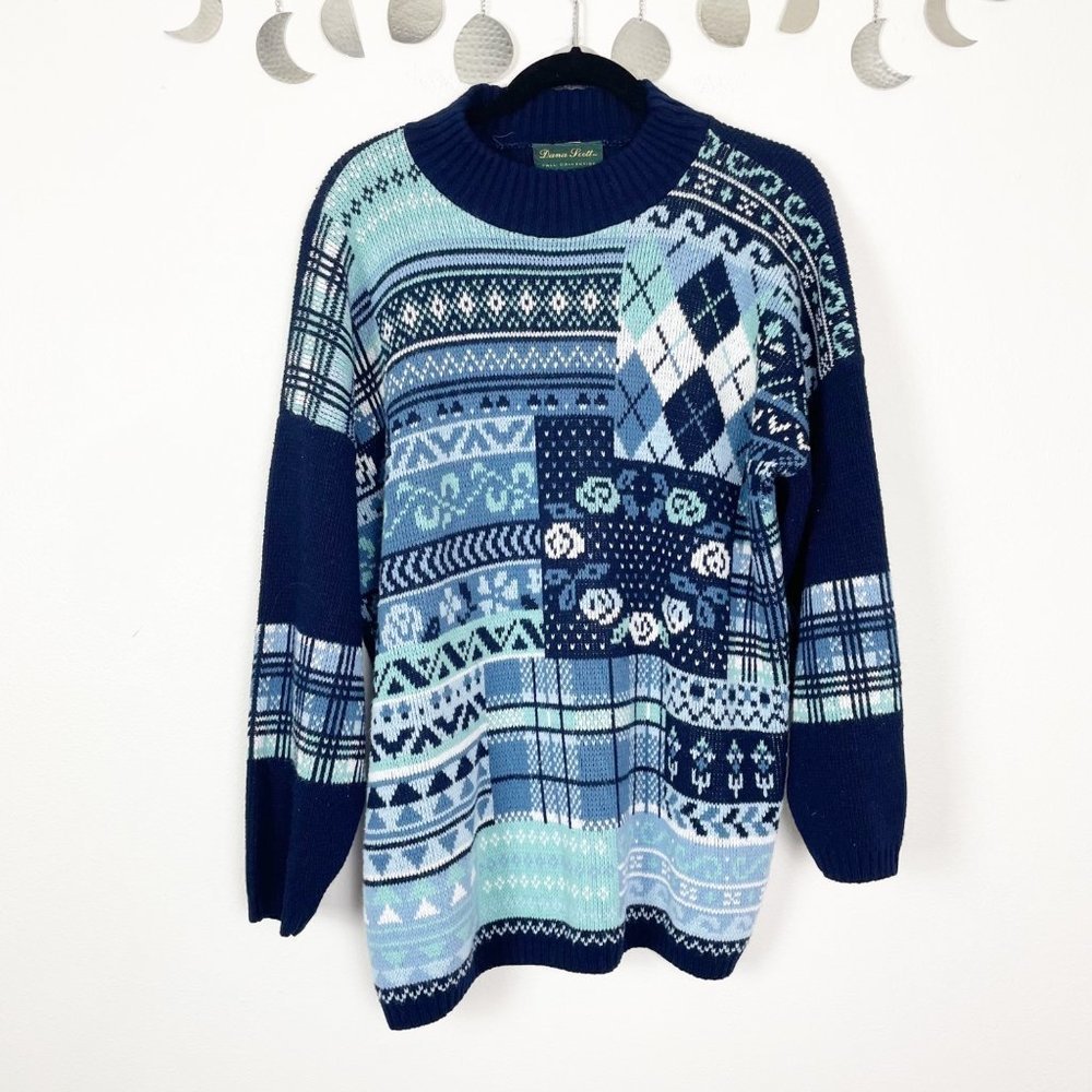 VTG Donna Scott Woman's XL Blue Winter Mixed Print Mock Neck Sweater Christmas‎